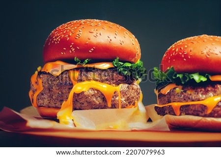 Two delicious homemade burger with beef, cheese and vegetables