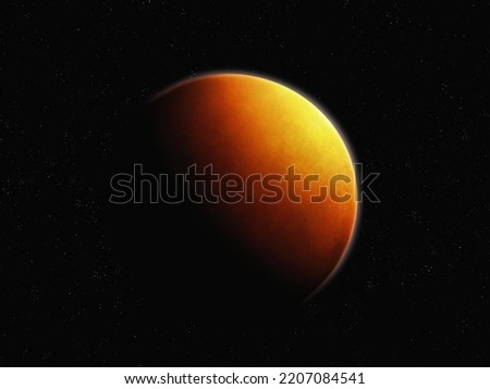 Red planet isolated. Earth-like planet,  rocky exoplanet with atmosphere, cosmic wallpaper. Mars-like planet in outer space.