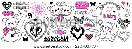 Y2k glamour pink stickers. Butterfly, kawaii bear, fire, flame, chain, heart, tattoo and other elements in trendy emo goth 2000s style. Vector hand drawn icon. 90s, 00s aesthetic. Pink, black colors. Royalty-Free Stock Photo #2207087997