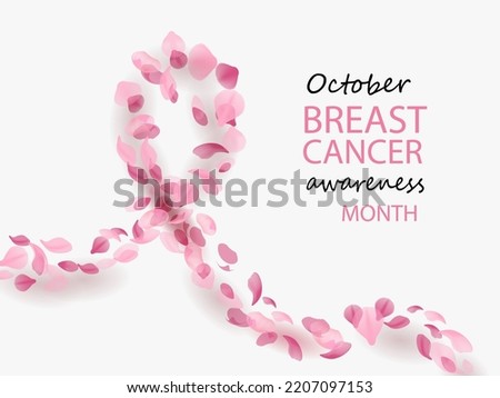 Breast cancer awareness month. Background with pink ribbon made of pink flying petals. Vector illustration. For web banner, print, poster, header
