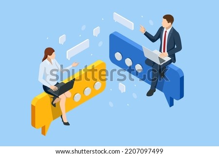 Isometric FAQ Frequently Asked Questions Concept. Woman and Man Ask Questions and receive Answers. Business People Asking Wuestions Around a Huge Question Mark. Royalty-Free Stock Photo #2207097499