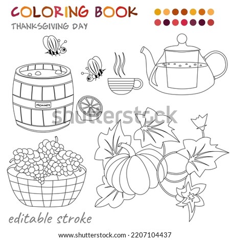 Thanksgiving Day. Pumpkin, grapes, bees and tea. Coloring template for children and adults. For relaxation and rest.

