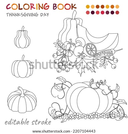 Thanksgiving Day. Pumpkin in the garden and other vegetables. Coloring template for children and adults. For relaxation and rest.