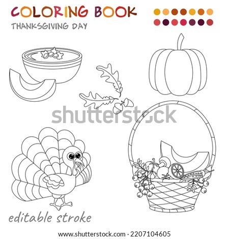 Thanksgiving Day. Pumpkin, basket, pumpkin soup and turkey. Coloring template for children and adults. For relaxation and rest.