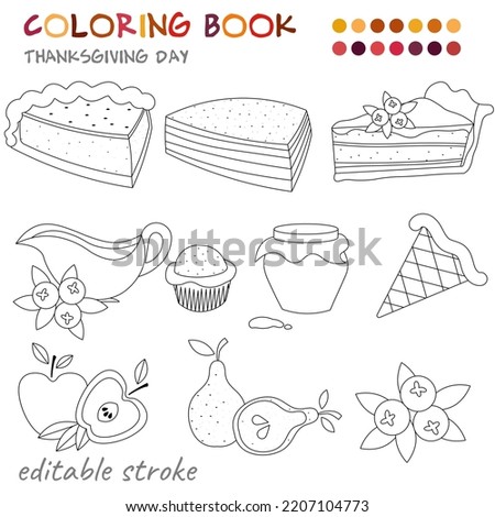 Thanksgiving Day. Sweet pies, jams and fruits. Coloring template for children and adults. For relaxation and rest.