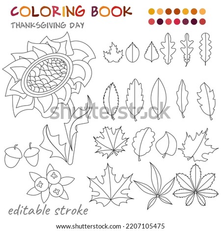 Thanksgiving Day. Sunflower, berries, acorns and autumn leaves. Coloring template for children and adults. For relaxation and rest.
