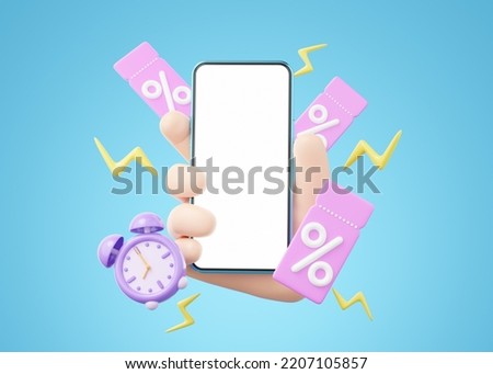 3D Hand hold smartphone. Alarm clock discount price tag floating isolated. Mobile phone blank screen. Special offer time, Flash sale, promotion concept. Cartoon minimal smooth. 3d render clipping path