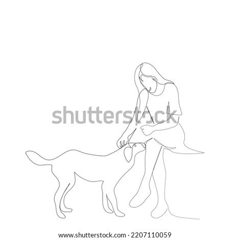 Beautiful young lady is sitting cross-legged place hand stroking on dog's head in continue line style on white background.Single line of cute girl is playing with pet.Vector illustration flat design.