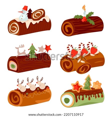 Set of 6 yule log cakes (Bûche de Noël. Traditional french christmas cake). Vector illustration

