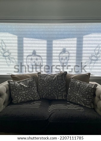 The shadow of creepy Halloween decorations through the shades on the window.