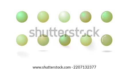 Collection of Yellow green gradient 3d rendered bubble spheres with different perspective of shadows, isolated on white background. Editable Vector Illustration.
