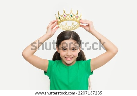 Behaving like princess is work. Kid wear golden crown symbol of princess. Girl cute child wear crown. Childhood concept. Every girl dreaming to become princess. Lady little princess. Royal family