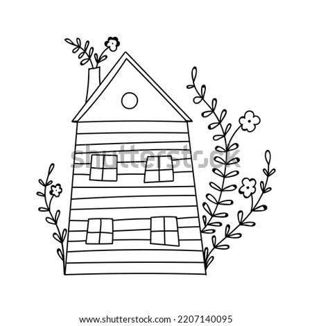 Small cute black and white doodle house with floral elements. Coloring page.