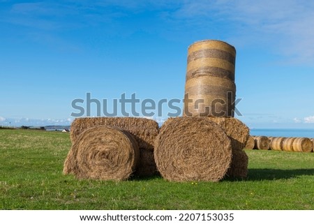 hay bales in the shape of an agricultural tractor on the hilly landscape of the opal coast near cap blanc nez in france with the canal between france and england in the background on a summer day