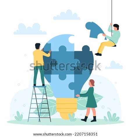 Business teamwork on creative light bulb puzzle vector illustration. Cartoon dedicated team of tiny people connecting pieces of big lamp together, partnership and creativity of office characters Royalty-Free Stock Photo #2207158351