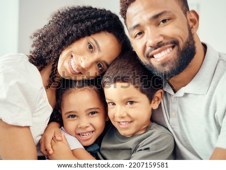 Portrait, selfie and happy family bonding, sharing a caring moment and posing for a picture while hug on a sofa at home. Adoption, care and foster child smiling and feeling loved by foster parents
