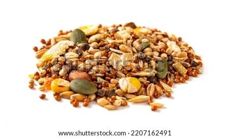 Hamster food isolated on white background. Heap of dry seeds for various rodents. Feed for hamsters and gerbil.