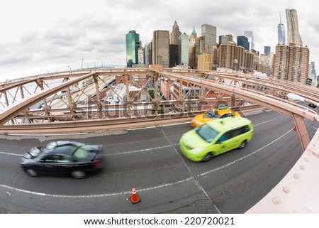 Traffic on Brooklyn Bridge, Lower Manhattan in Background