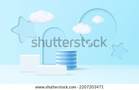 3d podium on blue background abstract geometric shapes with clouds, modern minimalist mock up for kids product display, podium display or showcase