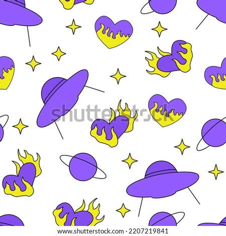 Seamless pattern with alien ufo ships, stars, flaming hearts and saturn planet. Vector background