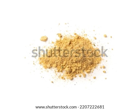 Mushroom powder pile isolated. Powdered dry champignon, shiitake, boletus, mushrooms powder with herbs and spices on white background