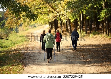 Sports walking with sticks. Women of age are engaged in Nordic walking in nature. Royalty-Free Stock Photo #2207229425