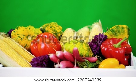 close-up, a white wooden box with the harvest, different fresh vegetables, corn, pepper, radish, zucchini, patissons. on green background, in studio, Healthy food to your table, Healthy nutrition