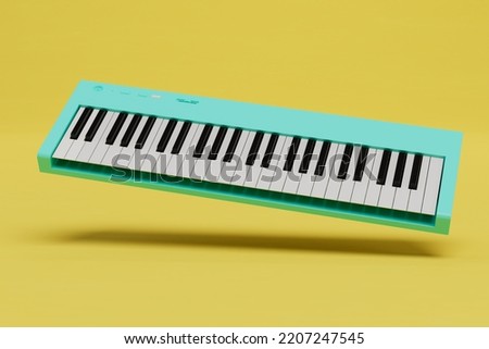 playing the synthesizer. turquoise synthesizer on a yellow background. 3D render.