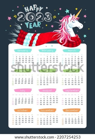 Cute 2023 year calendar with unicorn, scarf and stars on black background. Lettering "Happy 2023 Year". Cartoon character. Childish Vertical vector organizer.