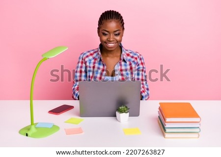 Photo of intelligent cheerful lady use wireless netbook workstation desktop isolated on pink color background