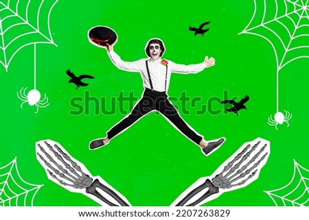 Photo sketch graphics artwork picture of funny funky white face mask falling skeleton arms isolated drawing background