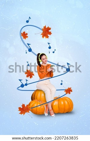 Vertical collage picture of peaceful mini girl sitting pumpkin hold telephone listen music flying maple leaf isolated on drawing background