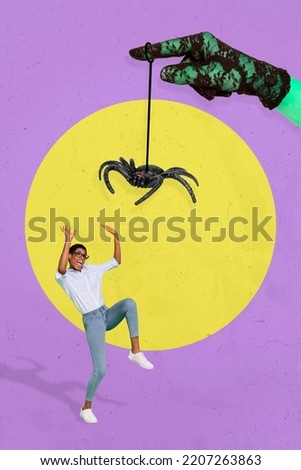 Vertical composite collage illustration of big arm finger hold scary spider horrifying mini person isolated on drawing background