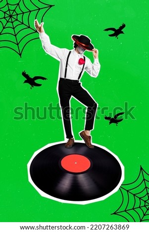 Photo artwork minimal picture of funny funky man skeleton dancing retro disk isolated drawing background