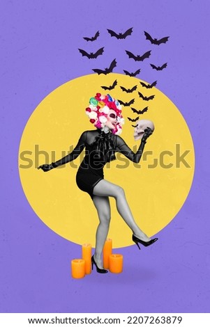 Vertical collage image of excited girl wear halloween costume dancing hand hold skull candle light flying bats isolated on drawing background