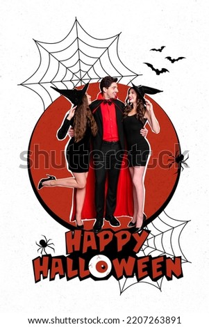 Creative abstract template graphics image of funny funky ladies guy inviting halloween party isolated drawing background