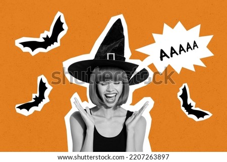 Composite collage portrait of crazy witch girl black white gamma scream loud aaaaa flying bat isolated on orange background