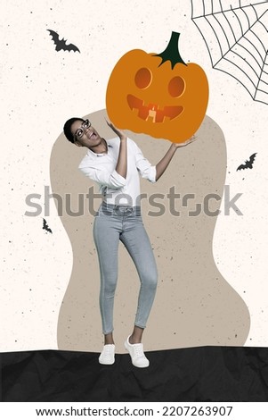 Creative retro 3d magazine image of happy smiling lady holding huge pumpkin isolated painting background