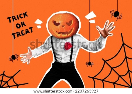 Collage 3d image of pinup pop retro sketch of frighten spooky man pumpkin instead of head isolated painting background
