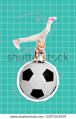 Creative drawing collage picture of active small kid handstand have fun football lesson school day physical training culture playing soccer