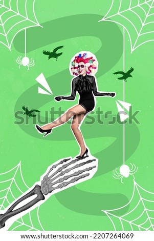 Composite collage picture image of dancing young woman mexico catrina calavera costume halloween hold big skull hand bones have fun crows