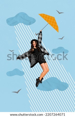 Creative poster collage of active lady hang hold flying umbrella strong wind blow sky cloud rain birds have fun enjoy season weather