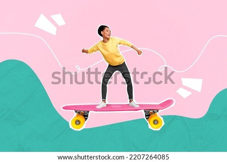 Picture collage of lady millennial ride long board fast speed urban skate park isolated pink green colors background