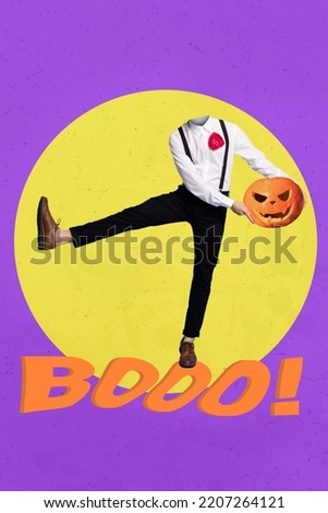 Vertical composite collage image of crazy headless person hands hold halloween frightening pumpkin booo text isolated on drawing background