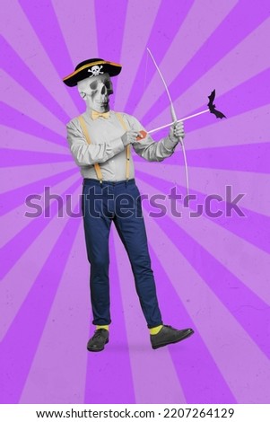 Vertical composite collage illustration of skull head person black white effect hold bow bat arrow isolated on purple creative background