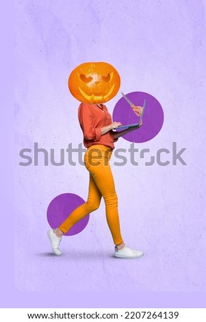 Vertical collage of walking girl pumpkin instead head use netbook screen arm hold knife isolated on drawing background