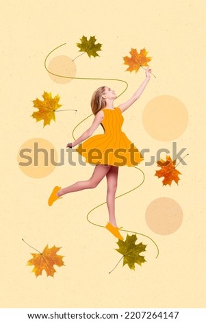 Banner advert collage of pretty lady jumping high catch colorful yellow leaf isolated on pastel background