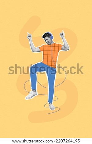 Vertical creative collage image of positive young man painting clothes headphones listen favorite music dancing have fun happy summer party