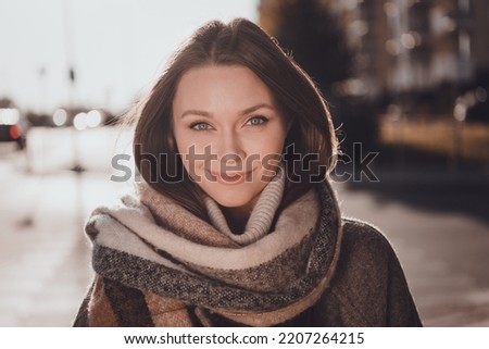 Close up photo of lovely pretty cute lady dressed trendy outfit comfortable clothes enjoy promenade free time autumn vibes sunset outdoors Royalty-Free Stock Photo #2207264215