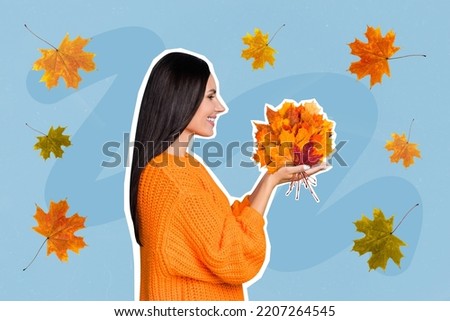 Magazine collage of lady gather color red yellow maple leaves autumn walk stand profile side on blue background